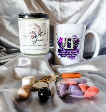 Gemini zodiac candle gift box with mug, tumbled stones and incense cones